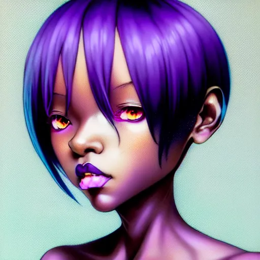 Image similar to portrait of a black anime manga girl, french bob hair, white hair, purple eyes, by artgerm, james jean, tom bagshaw, gerald brom, vaporwave colors, lofi colors, vaporwave, lofi, goth vibe, 4 k, smooth, hd, substance designer render, full body character concept art, symmetrical, 2 point lighting,