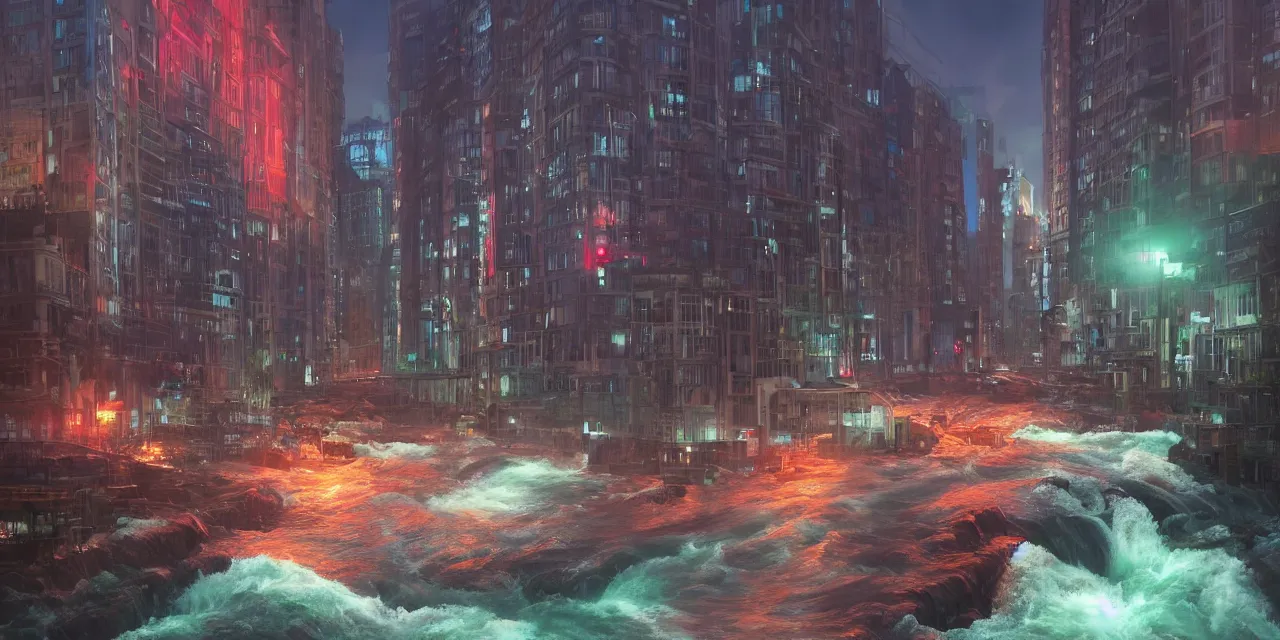 Image similar to street level view of turbulent river rapids rushing through a city at night , volumetric lighting, green and red glowing lights, 4k, octane, digital painting, artstation, concept art, sharp focus, illustration, high contrast, high saturation , cinematic film still, by by artgerm and greg rutkowski and alphonse mucha , wide angle view