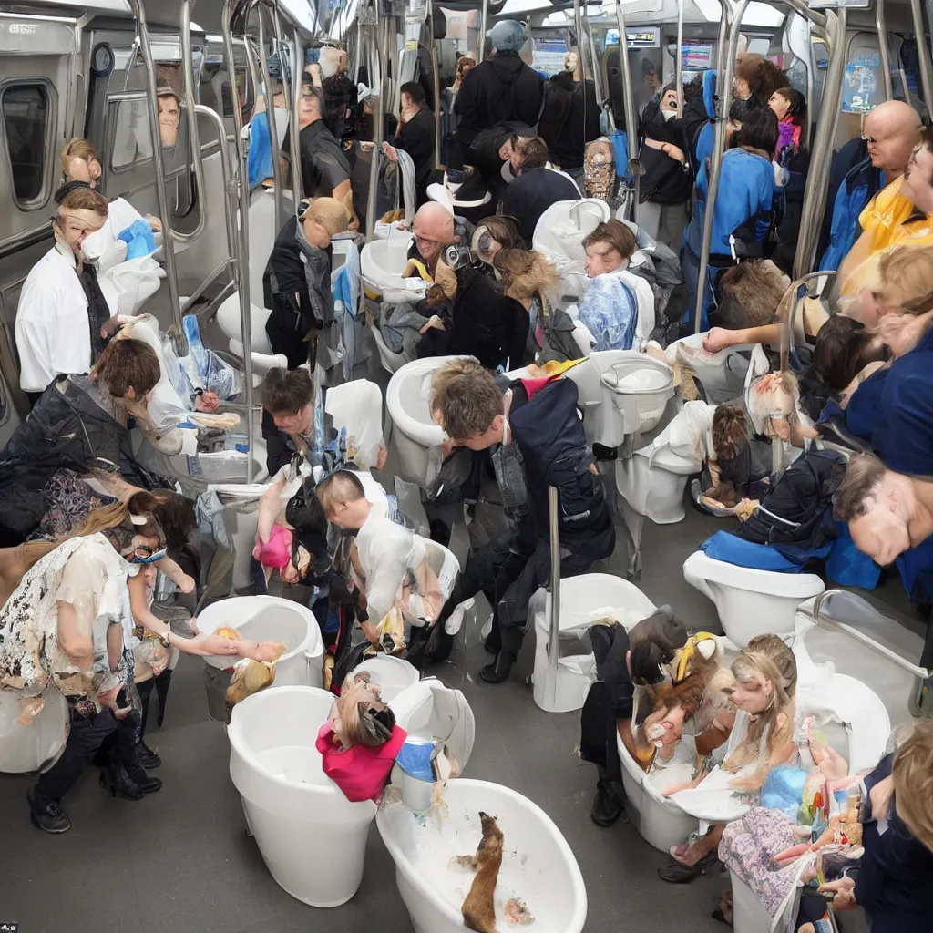 Prompt: people were flushing their cats down the toilet. this was for a charity, unspecified but highly regarded. people were on the train, looking at artefacts from outer space, listening to talk show djs discussing