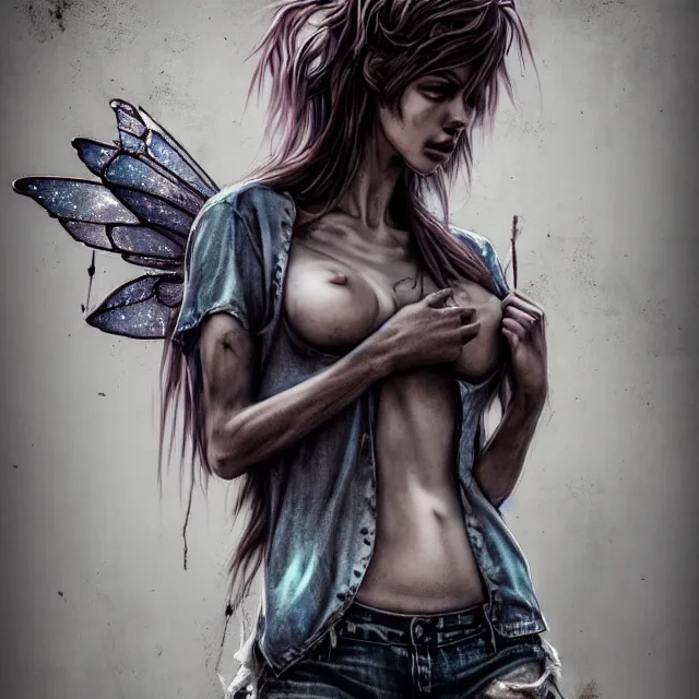 Prompt: full body pose, beautiful adult anarchy fairy, torn shirt, jeans, dirty, grungy, grunge, highly detailed, 4 k, hdr, smooth, sharp focus, high resolution, award - winning photo, artgerm, photorealistic
