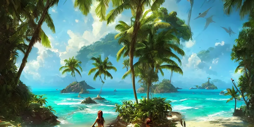 Prompt: Tropical paradise, digital painting, art by greg rutkowski, artgerm