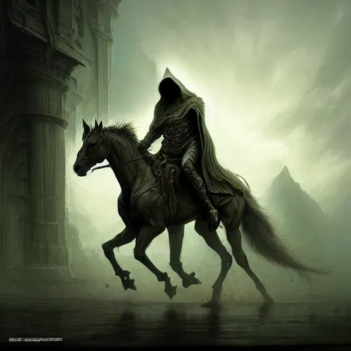 Image similar to concept art by artgerm, pestilence of the four horsemen of the apocalypse, soft green natural light, intricate, hooded death riding a horse, highly detailed dark art, digital painting, artstation, concept art, smooth, sharp focus, illustration, art by greg rutkowski and luis rollo and uang guangjian and gil elvgren, symmetry!