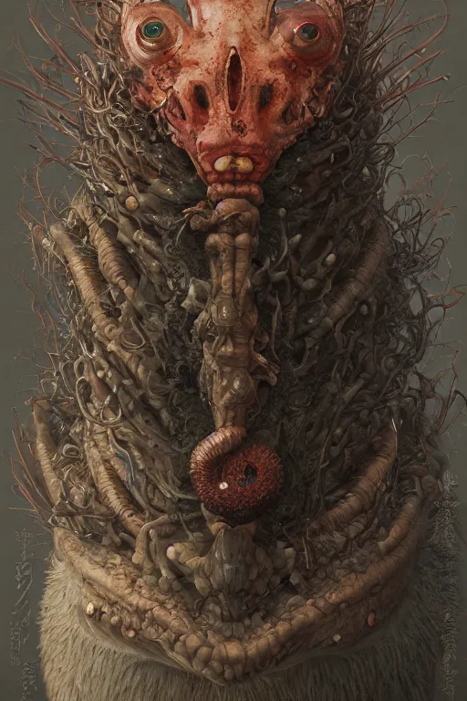 Prompt: a portrait of a parasite japanese devil animal illustrated by miyazaki by karol bak, james jean, tom bagshaw, rococo, sharp focus, trending on artstation, cinematic lighting, hyper realism, octane render, 8 k, hyper detailed, vivid, ultra detailed, highly detailed