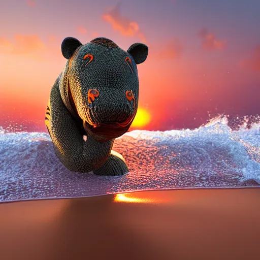 Image similar to a closeup photorealistic photograph of a cute smiling knitted tiger hippopotamus chasing beachballs during sunset. teeth exposed, surf in the background. professional capture. this 4 k hd image is trending on artstation, featured on behance, well - rendered, extra crisp, features intricate detail, epic composition and the style of unreal engine.