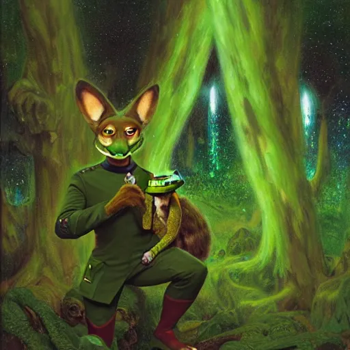 Image similar to a portrait of a male green reptile in star trek uniform at night in a dark forest. zootopia fursona furaffinity furry art detailed face painting by gaston bussiere craig mullins jc leyendecker gustav klimt artgerm greg rutkowski