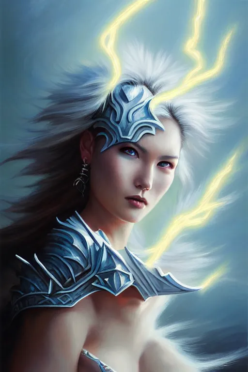 Image similar to oil painting, white, sakimi chan, fantasy armor, detailed face, flying, tony sart, wind, lightning, dramatic lighting