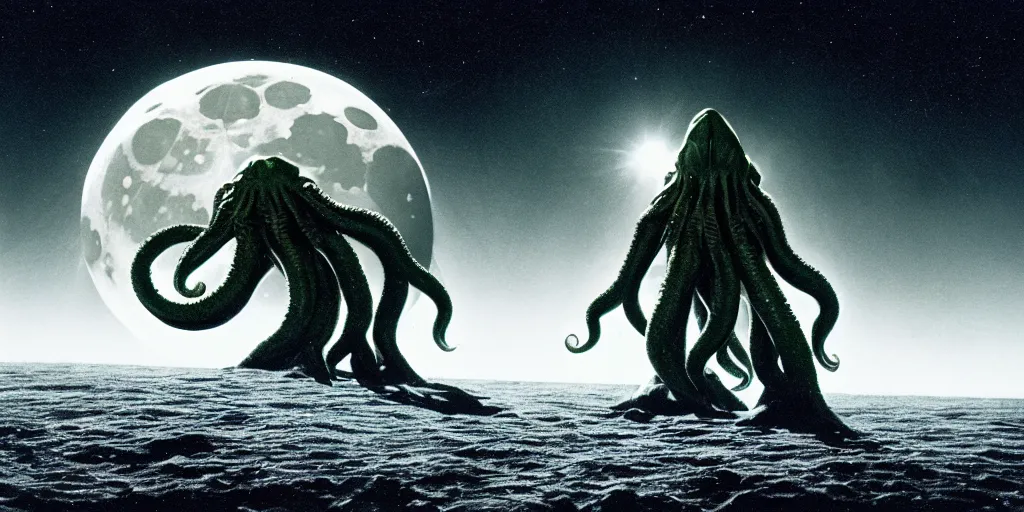 Prompt: 35mm giant cthulhu, photorealistic, long shot, epic, space from the moon showing earth in the background, moon lander