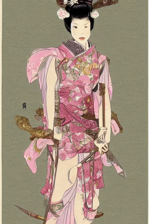 Image similar to full - bodied portrait, female changeling in rose - patterned eastern light armor, wielding a decorated halberd, wearing sandals, barefoot, geisha mask, realistic proportions, reasonable fantasy, ghostblade, wlop.