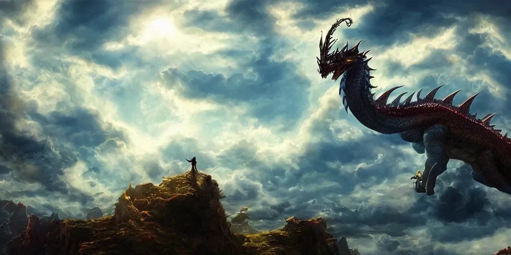 Prompt: ''giant dragon, long dragon, in the clouds, beautiful sky and sun shine, fantasy artwork, very beautiful scenery, cinematic shot, ultra detailed, by popular digital, details, beautiful art, high resolution, 8 k, artstation''