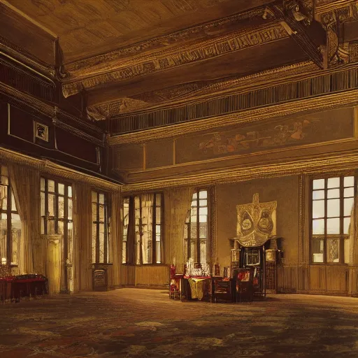 Image similar to interior of a Tudor Mansion Hall, grand and fully furnished, 18th century, highly detailed, atmospheric, cinematic composition and lighting, 8k