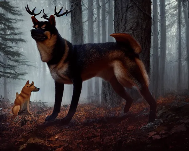 Image similar to 5 5 mm portrait photo of an armored demonic shiba inu with antlers, in a magical forest. dark atmosphere. art by greg rutkowski. highly detailed 8 k. intricate. lifelike. soft light. nikon d 8 5 0.