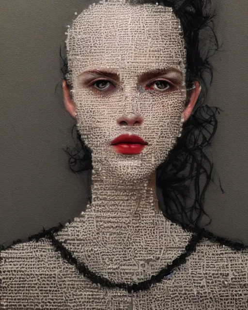 Prompt: half body portrait of juliana, in an outfit made from paper straws, black hair, freckles, pale skin, photo by greg rutkowski, high fashion, female beauty, intricate detail, elegance, sharp shapes, soft lighting, vibrant colors, masterpiece