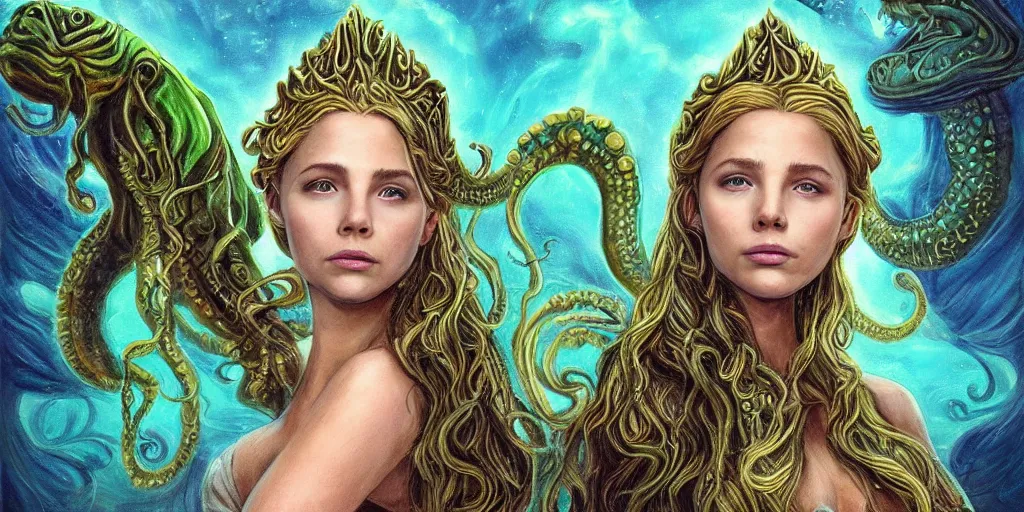 Image similar to Fantasy fairytale style portrait painting, Great Leviathan Turtle, cephalopod, Cthulhu Squid, hybrid, Mythic Island, center Universe, accompany Cory Chase, Blake Lively, Anya_Taylor-Joy, Grace Moretz, Halle Berry, Mystical Valkyrie, Anubis-Reptilian, Atlantean Warrior, hybrid, intense fantasy atmospheric lighting, hyperrealistic, William-Adolphe Bouguereau, François Boucher, Michael Cheval, Oil Painting, Cozy, hot springs hidden Cave, candlelight, natural light, lush plants and flowers, Spectacular Mountains, bright clouds, luminous stellar sky, outer worlds, Jessica Rossier, michael whelan, Solar Flare HD,