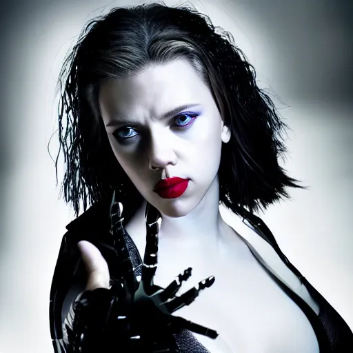 Image similar to scarlett johansson as a cyberpunk cyborg goth woman, pale skin, sensual, beautiful soft light failling on her face, studio photography, nikon 3 5 mm portrait photography, ultra realistic