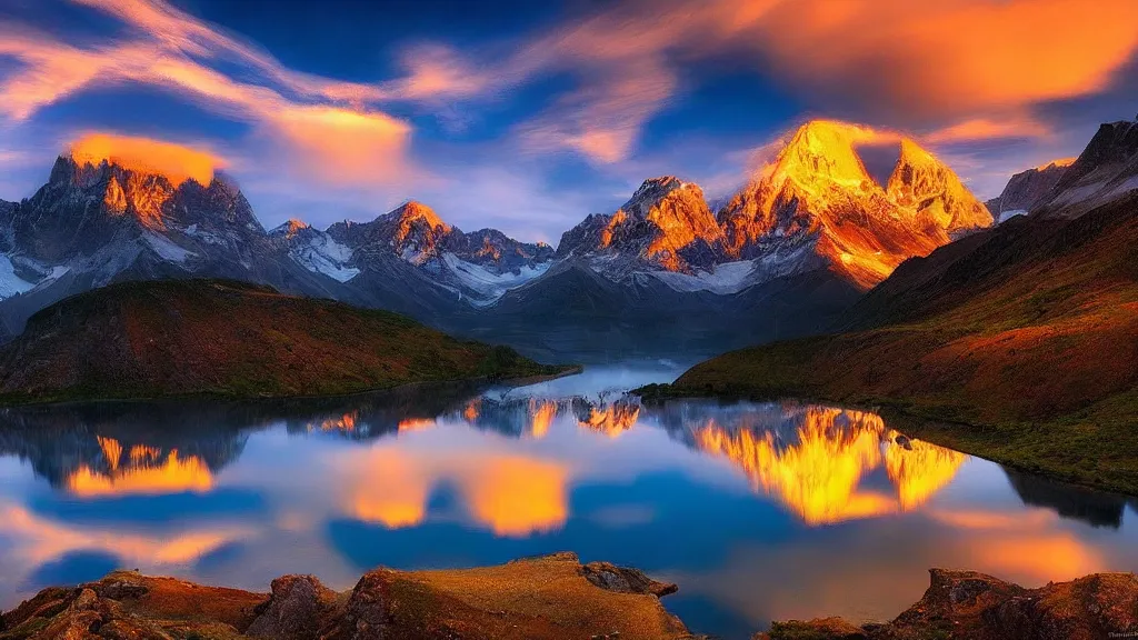 Image similar to amazing eagleview landscape photo of mountains with lake in sunset by marc adamus, beautiful dramatic lighting