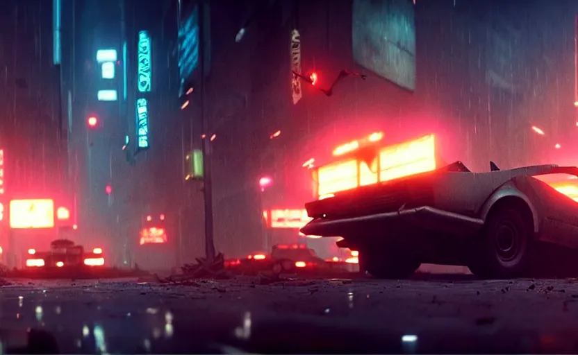 Image similar to car chase though an overgrown destroyed city, epic composition, beautiful lighting, hdr, artistic, cinematic design, by blade runner and rick and morty