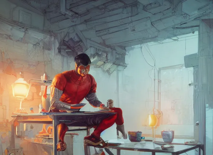 Image similar to an insanely detailed painting of an asian man wearing a homemade superhero costume, sitting at a desk, staring seriously at the computer and typing, in the style of peter mohrbacher, james jean, ruan jia, dramatic lighting and composition, surreal background, octane render, pixar, trending on artstation, concept art, comic book, view from behind, 8 k