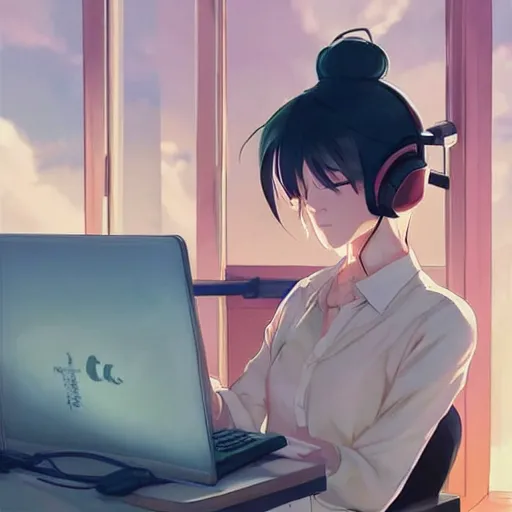 Image similar to attractive!!!!!!!!! girl!!!!!!!!!!!!!, hair in messy bun, wearing headphones, studying at desk, bedroom setting, golden hour, digital art, art by rossdraws, artgerm, anime scenery by Makoto Shinkai