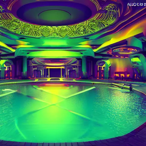 Image similar to A a pool of neon liquid, octane render, high detail, smooth, sharp focus, dynamic lighting, intricate,