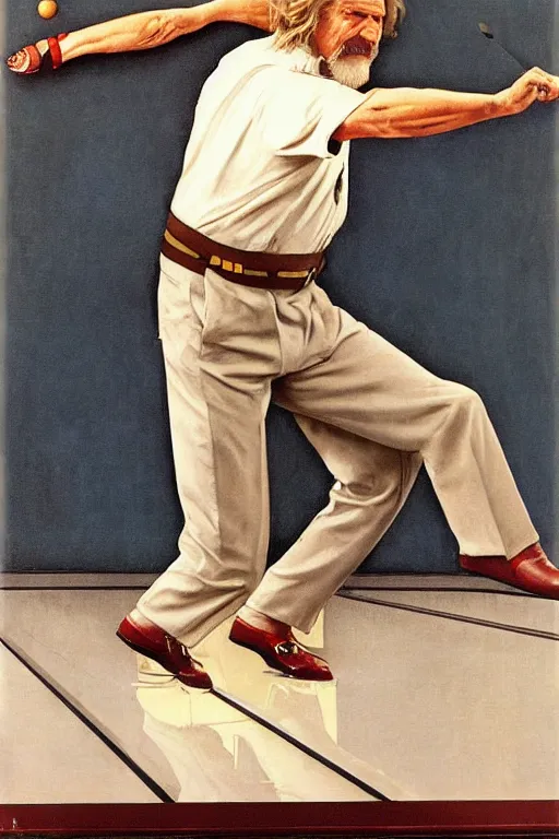 Image similar to Jeff Bridges from the movie The big Lebowski playing bowling painted by Norman Rockwell