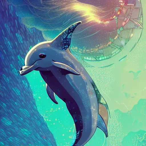 Image similar to a beautiful hyperdetailed character design 4 k wallpaper illustration of a cute dolphin, victo ngai cyberpunk style, from china, style of studio ghibli, makoto shinkai, raphael lacoste, louis comfort tiffany, artgerm, james jean, ross tran, chinese style