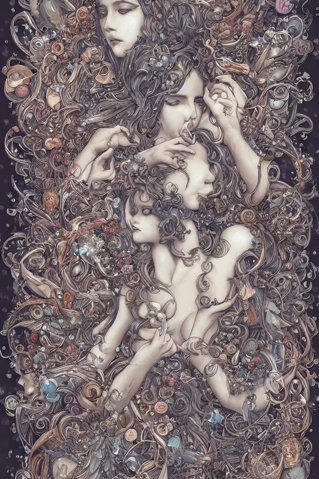 Prompt: collection of beautiful celestial females exposed in cryo chamers , by James Jean, intricate, elegant, highly detailed, centered , digital art