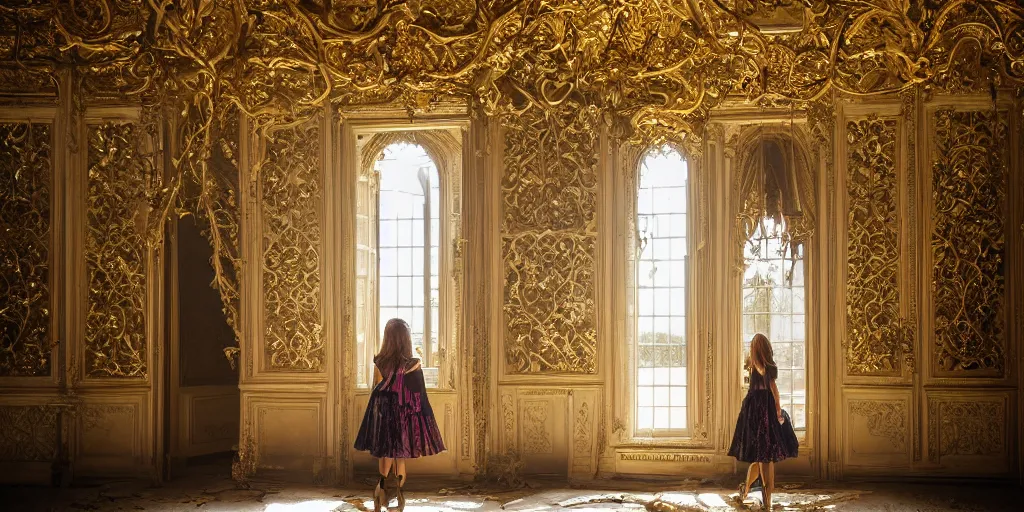 Image similar to a dream of a young woman holding a Mallard Duck that is looking over her shoulder walking inside an opulent, ornate, abandoned overgrown Palace of Versailles, lush plants growing through the floors and walls, walls are covered with vines, beautiful, dusty, golden volumetric light shines through giant broken windows, golden rays fill the space with warmth, rich with epic details and dreamy atmosphere