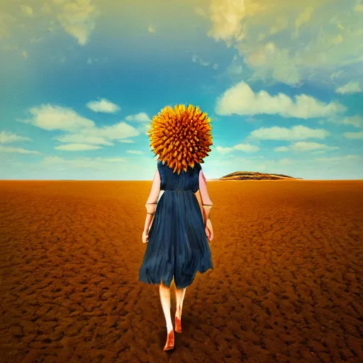 Image similar to portrait, giant dahlia flower head, girl walking between dunes, surreal photography, sunrise, blue sky, dramatic light, impressionist painting, digital painting, artstation, simon stalenhag