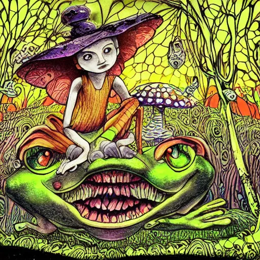Prompt: scary fairy eating a frog in a psychedelic mushroom village, art style of junji ito, cel animation , masterpiece , post-processing , intricate , legendary matte painting