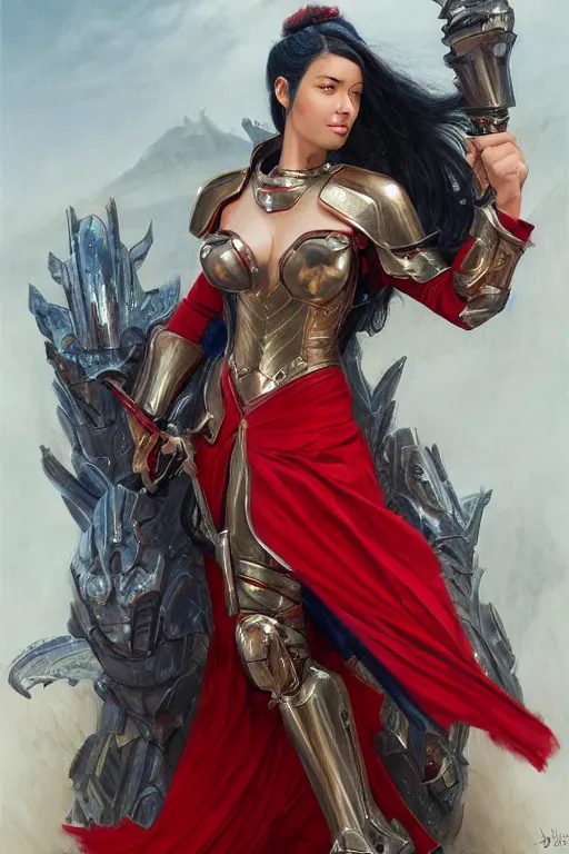 Prompt: Lady in Red armor, Dark blue hair, gorgeous latina face, light brown skin, green eyes, practical armor, ornamental, symmetry, by donato giancola, by RossDraws, by leng jun, matte painting, D&D, high fantasy, full body picture, no extra limbs, no extra character, trending on artstation artstationHQ, artstationHD, octane, cgsociety, no boobplate
