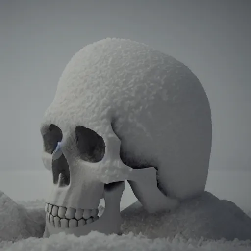 Image similar to skull sculpture covered in snow with a foggy background, 8 k, octane render, realistic, aesthetic