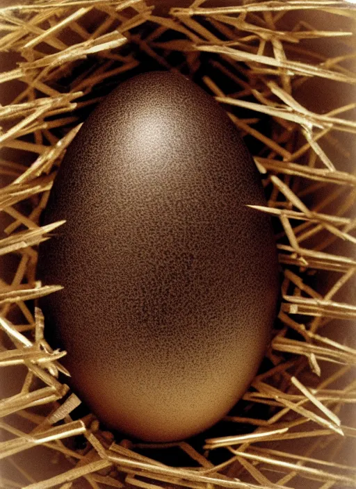 Prompt: realistic photo of an egg made of wood and covered with brass spikes, with patches of white hairs, center straight composition, front view 2 0 0 0, life magazine photo, museum archival photo