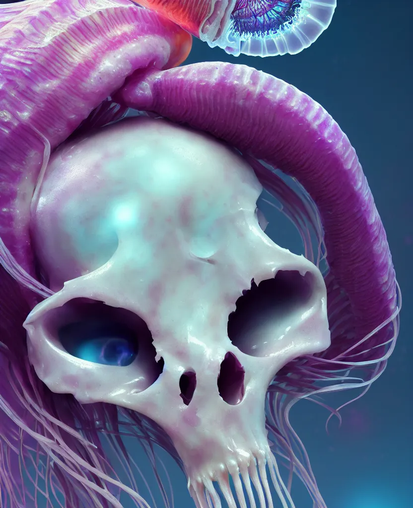 Image similar to goddess princess face close-up portrait ram skull. jellyfish phoenix head, nautilus, orchid, skull, betta fish, bioluminiscent creatures, intricate artwork by Tooth Wu and wlop and beeple. octane render, trending on artstation, greg rutkowski very coherent symmetrical artwork. cinematic, hyper realism, high detail, octane render, 8k