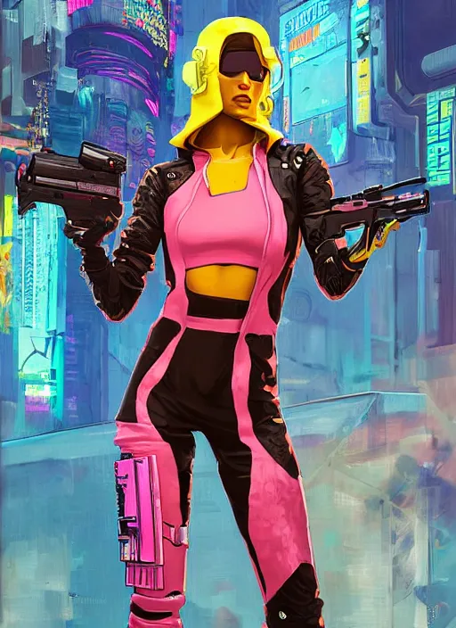 Image similar to beautiful cyberpunk female athlete wearing pink jumpsuit and yellow jacket. firing a futuristic red automatic pistol with huge magazine. ad poster for pistol. cyberpunk poster by james gurney, azamat khairov, and alphonso mucha. artstationhq. gorgeous face. painting with vivid color, cell shading. ( rb 6 s, cyberpunk 2 0 7 7 )