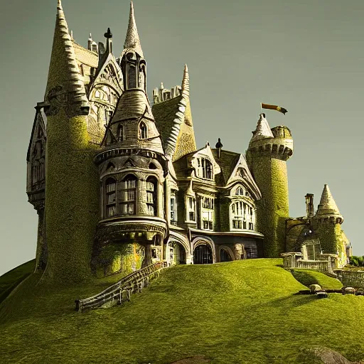 Image similar to England and Wales fairytale victorian castle with a fairytale green roof photorealistic cinematic highly detailed 19th century photorealistic