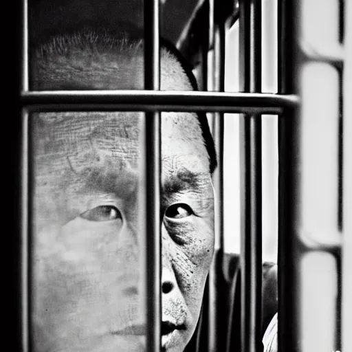 Prompt: a portrait of very very very old justin sun in futuristic prison looking through the bars of his cell, by annie leibovitz, shallow depth of field, cinematic lighting