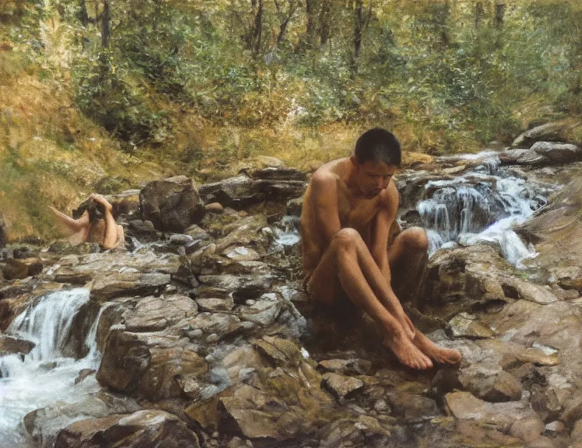 Prompt: steve hanks, serov valentin, lisa yuskavage, andrei tarkovsky, terrence malick, focused monk sits near waterfall, golden ratio, perfect symmetrical, polaroid, vintage, soft lights, foggy, oil on canvas