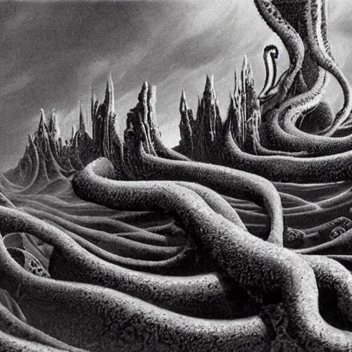 Image similar to lovecraftian shoggoth, illustrated matte painting of a progressive rock album cover, 1 9 7 0 s