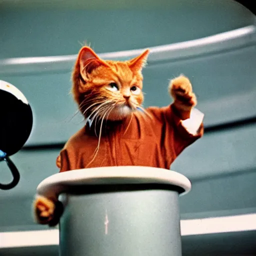 Prompt: 1 9 6 0's color photo of angry ginger cat in spacesuit giving public speech