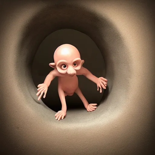 Image similar to a little homunculus man slipping his way into a little rat hole, vfx, hyper realistic