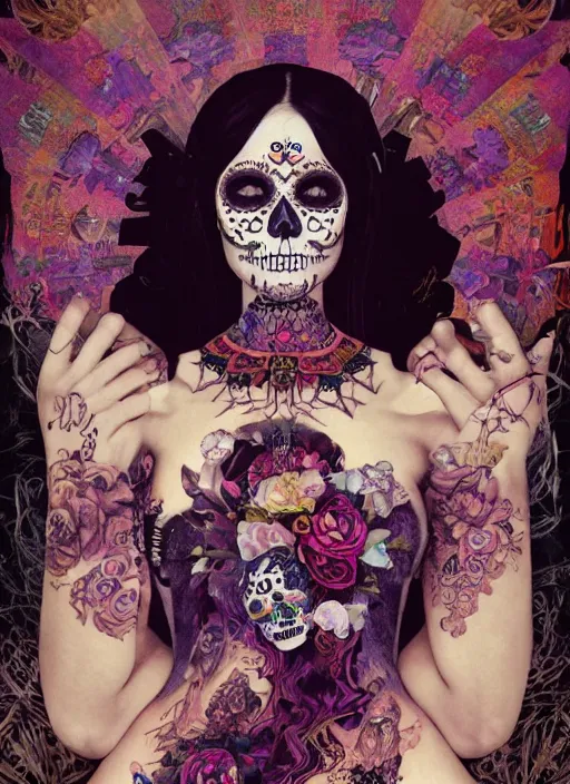 Image similar to cute punk goth fashion fractal Día de los Muertos tattoed girl posing by Zhang Jingna, poster art by Hannah Höch Victor Moscoso Dan Mumford Kilian Eng Hannah Jeffrey Smith Rick Griffin Alphonse Mucha Gustav Klimt Ayami Kojima Amano Charlie Bowater, violet and black