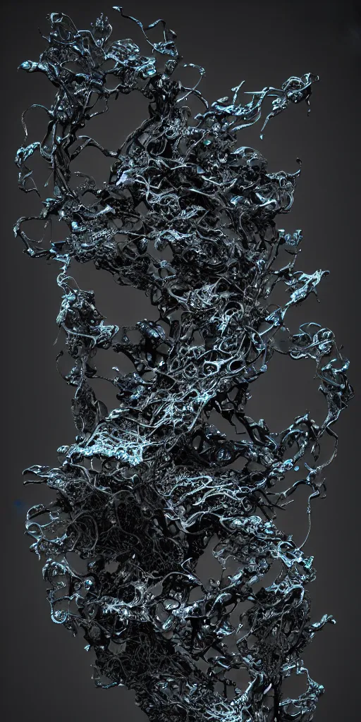 Image similar to a photorealistic render of an abstract organic sculpture made of melted metal and bioluminescent beings on a black background, c 4 d, by zhelong xu ouchh studio and ernst haeckel, wide angle, hyper realistic, plain black background, 8 k, volumetric lightning, octane render