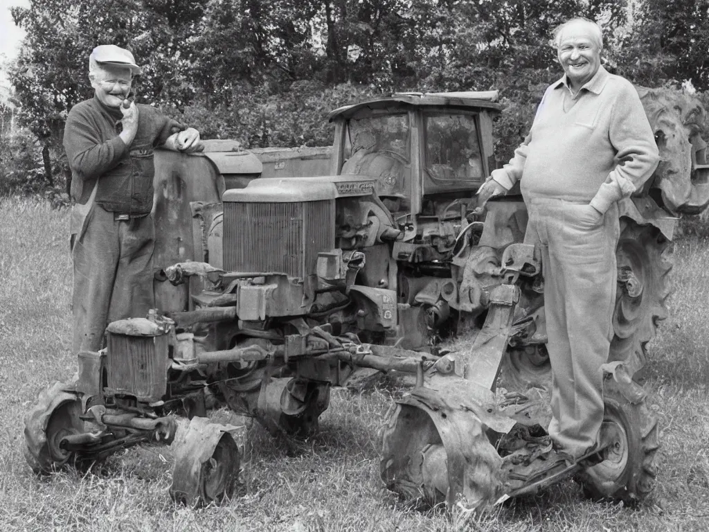 Image similar to happy finnish grandpa posing next to his new valmet - tractor smiling to the camera, 1 9 6 6, home album pocket camera photo, detailed facial features, hyper realistic