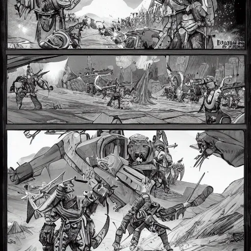 Prompt: large scale battle comic highly detailed in the style of olivier ledroit