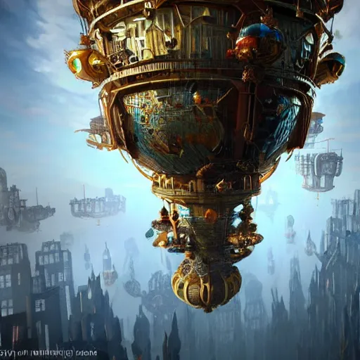 Image similar to enormous flying city in a faberge egg, sky, steampunk, fantasy art, masterpiece, unreal engine, intricate, intricate, intricate