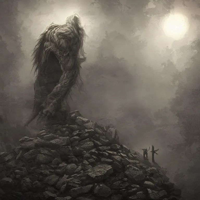 Image similar to a gigantic demon on a cobblestone hard mountain, night, scary, eerie, foggy lighting, rim light, digital art.