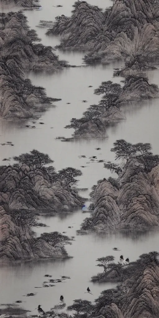 Image similar to Environmental shot, Beautiful!!!!! chinese ink-wash painting of a river!!!, beautiful brush strokes, red ink, birds flying , shui mo hua, highly intricate