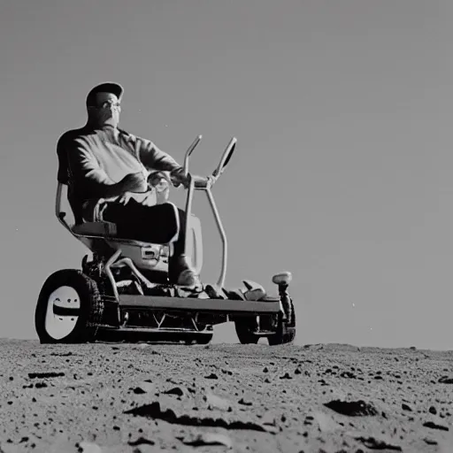 Image similar to photo realistic Hank hill wearing a full suit of armor riding a lawnmower on the moon, Kodachrome photo