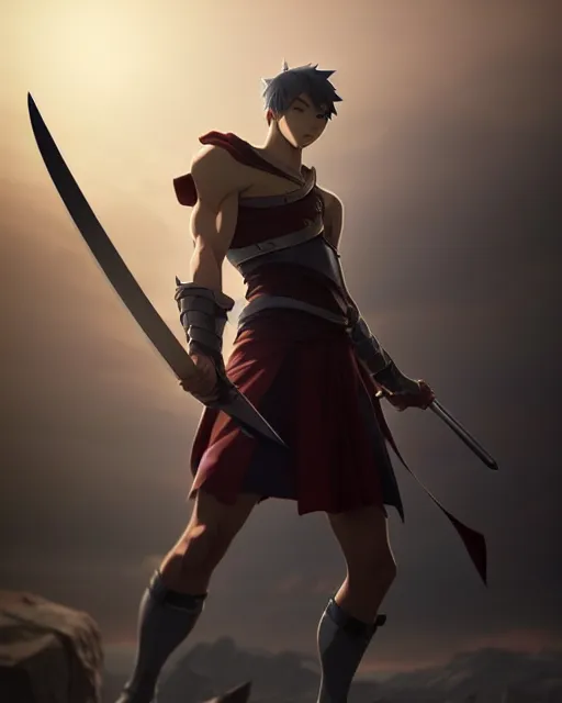 Image similar to strong warrior with a greatsword, dramatic pose, square masculine facial features, short messy hair, intimidating appearance, 3 d octane render, unreal engine 5, ultra high detail, glow, atmosphere, trending on pixiv fanbox, by greg rutkowski makoto shinkai takashi takeuchi studio ghibli, akihiko yoshida