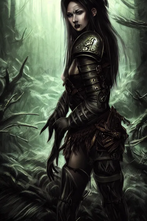 Image similar to dramatic dark forest scenery, girl with sharp fangs in hide leather armor, high fantasy concept art, poster